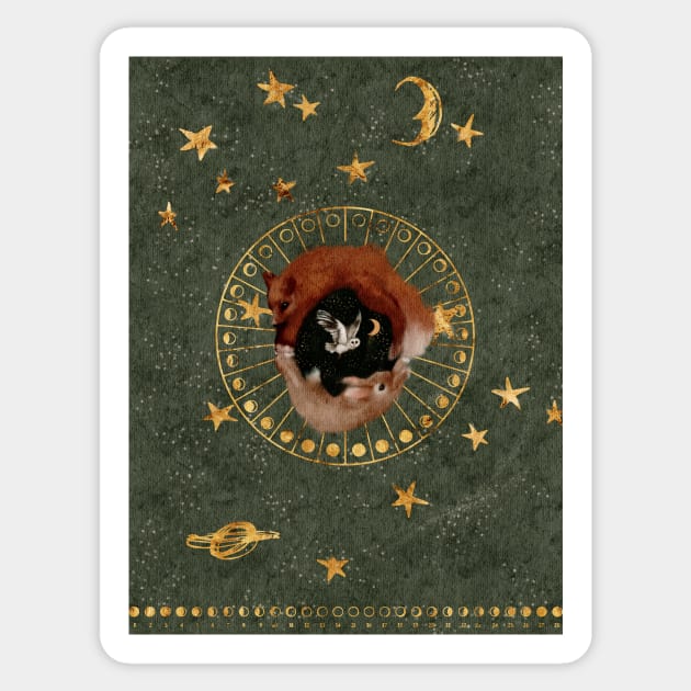 Circle of Life Watercolor : Gold Foils Stars in a Goblincore green sky with a Gemini constellation A rabbit and a fox circle around a barn owl Sticker by penandbea